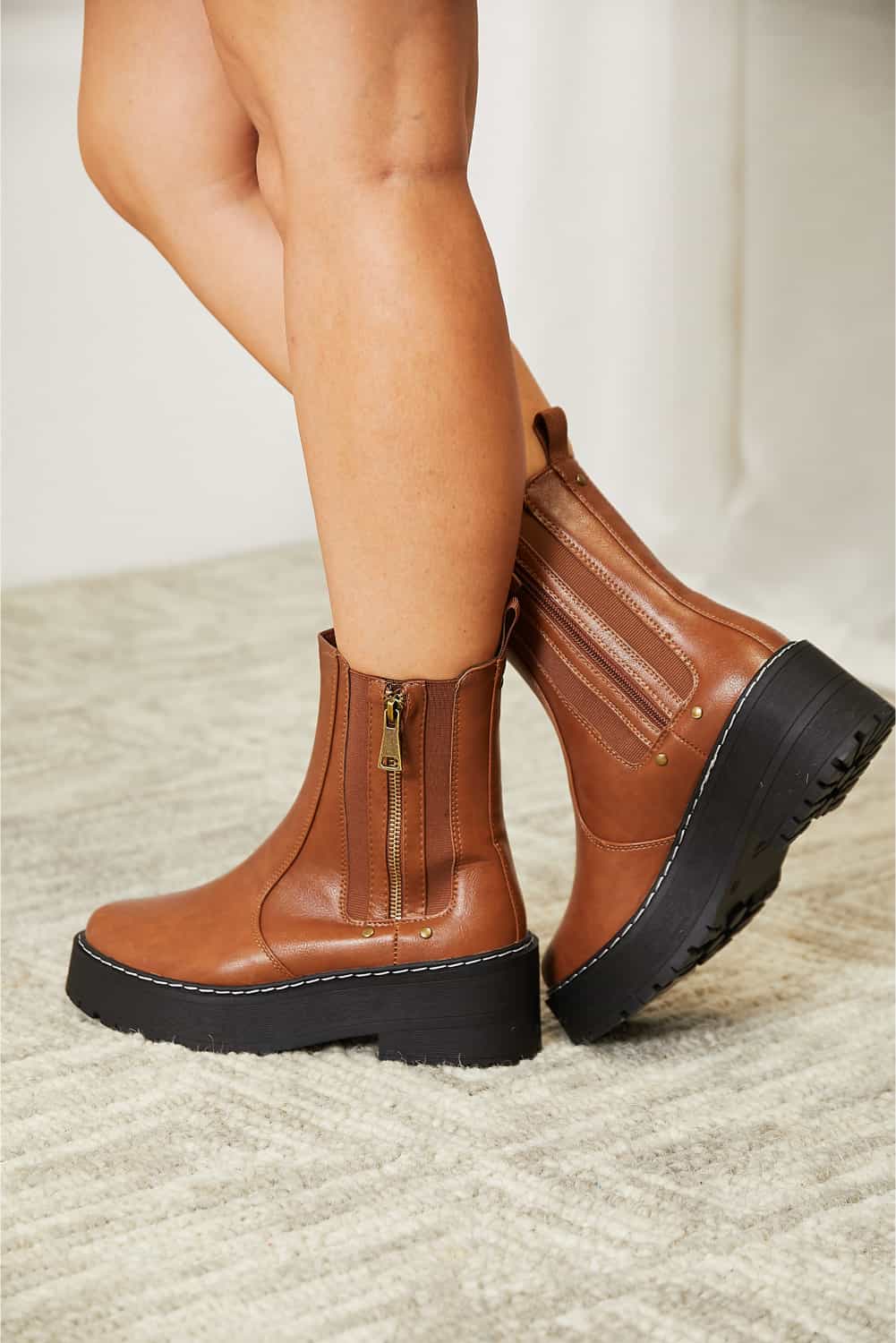 Sienna Side-Zip Platform Boots — Brown - Dressed.