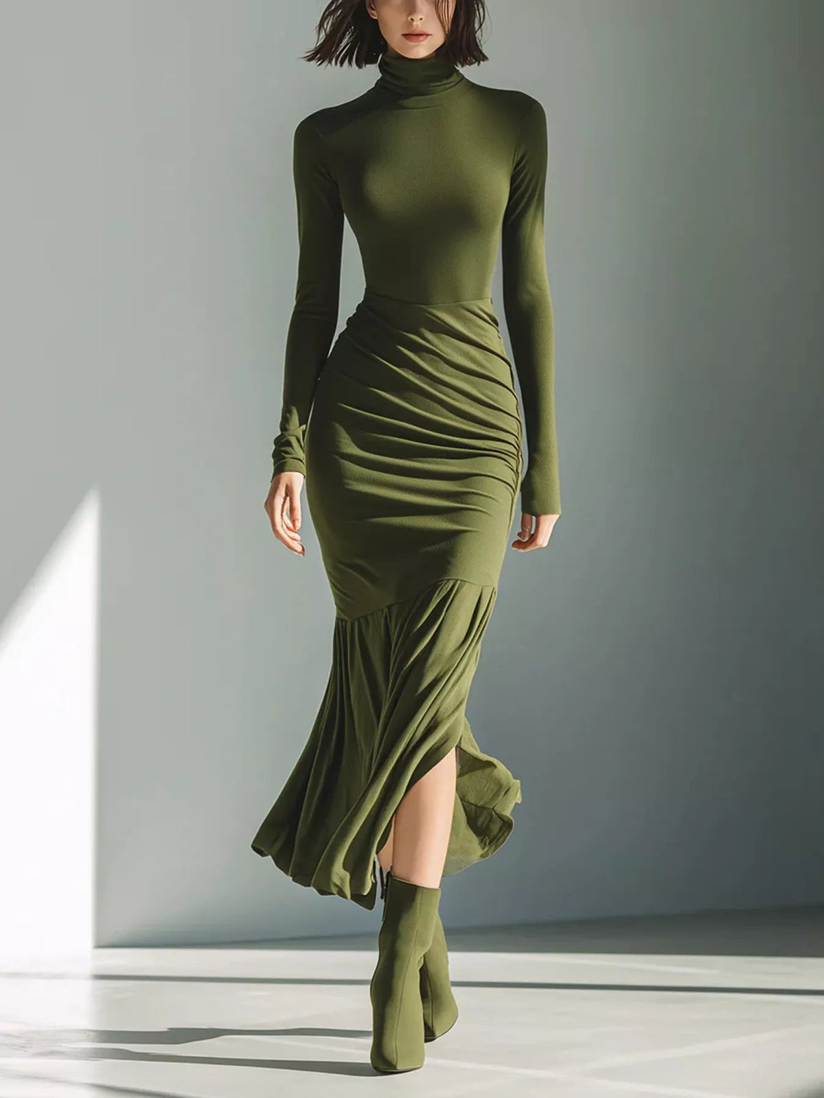 Slit Turtleneck Ruched Bodycon Mermaid Dress — Multiple Colors • Inclusive Sizing | Trendsi - Dressed.