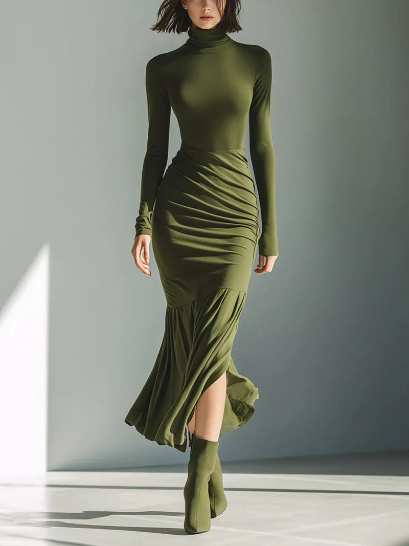 Slit Turtleneck Ruched Bodycon Mermaid Dress — Multiple Colors • Inclusive Sizing | Trendsi - Dressed.
