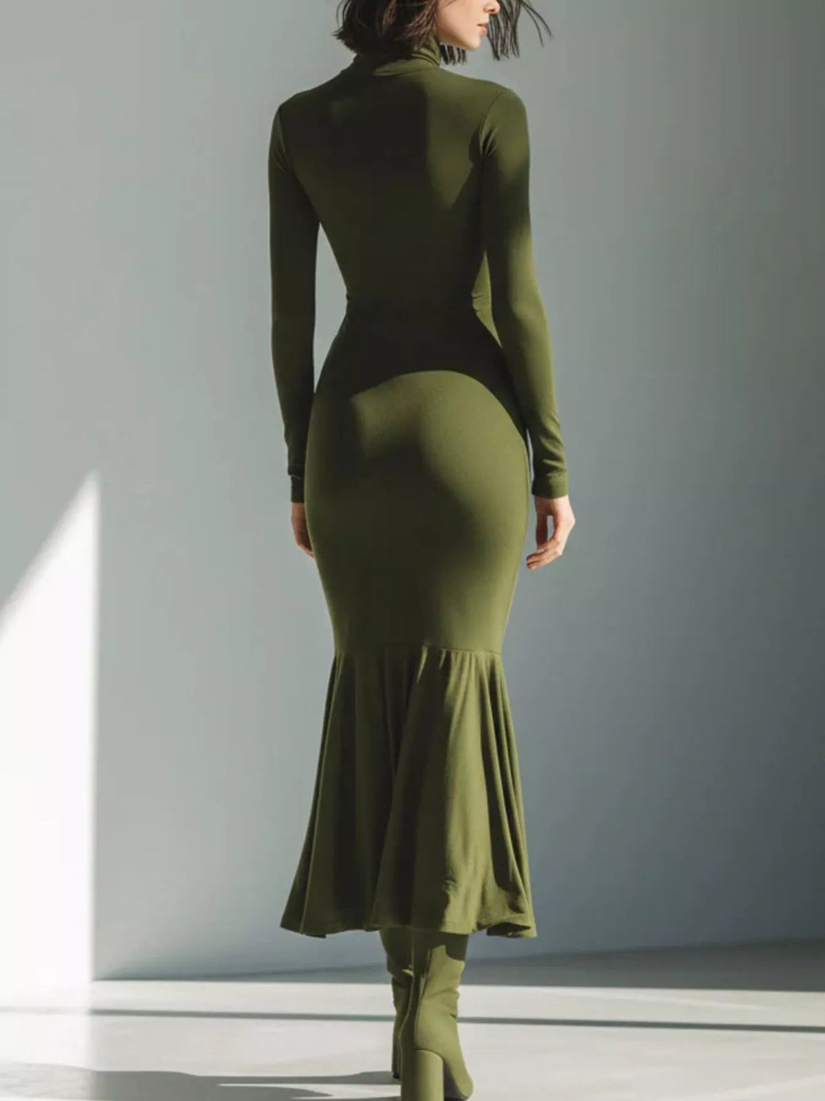 Slit Turtleneck Ruched Bodycon Mermaid Dress — Multiple Colors • Inclusive Sizing | Trendsi - Dressed.