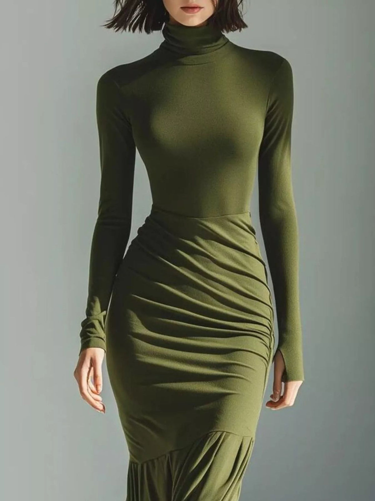 Slit Turtleneck Ruched Bodycon Mermaid Dress — Multiple Colors • Inclusive Sizing | Trendsi - Dressed.