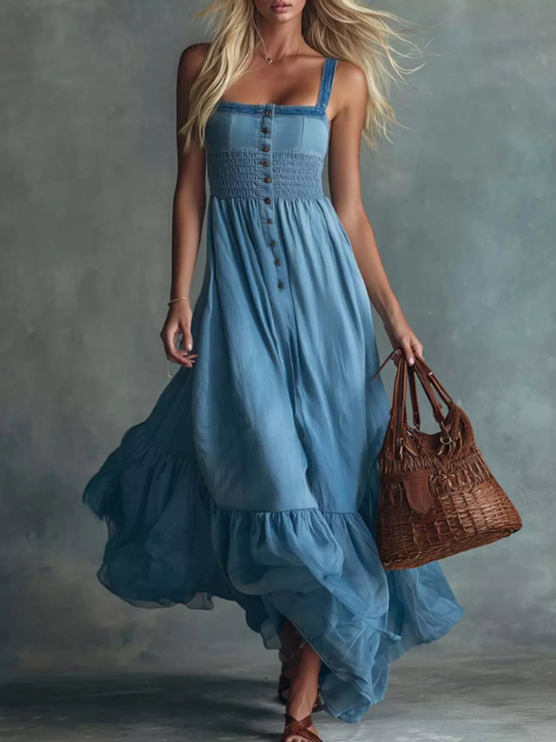 Smocked Button Front Denim Maxi Dress — Sky Blue • Inclusive Sizing | Trendsi - Dressed.
