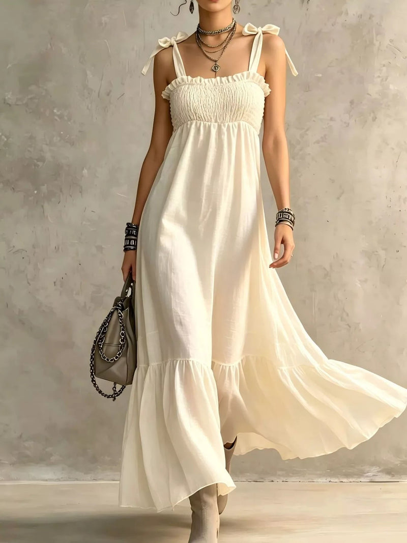 Smocked Tie-Shoulder Maxi Dress — Beige • Inclusive Sizing | Trendsi - Dressed.