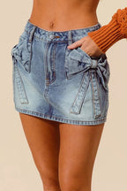 SO ME Bow Knot Pocket Denim Mini Skirt - Dressed.