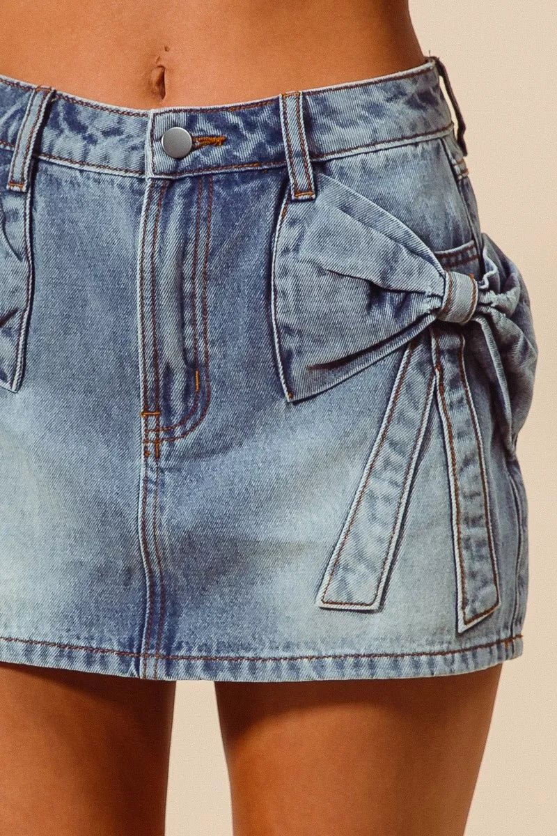 SO ME Bow Knot Pocket Denim Mini Skirt - Dressed.