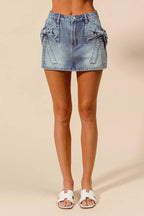 SO ME Bow Knot Pocket Denim Mini Skirt - Dressed.
