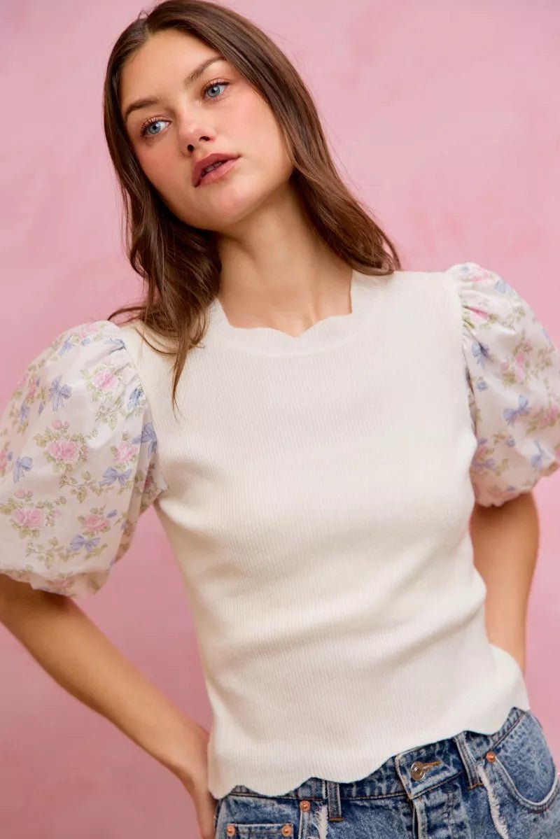 SO ME Floral Cotton Contrast Sleeves Scallop Sweater Top - Dressed.
