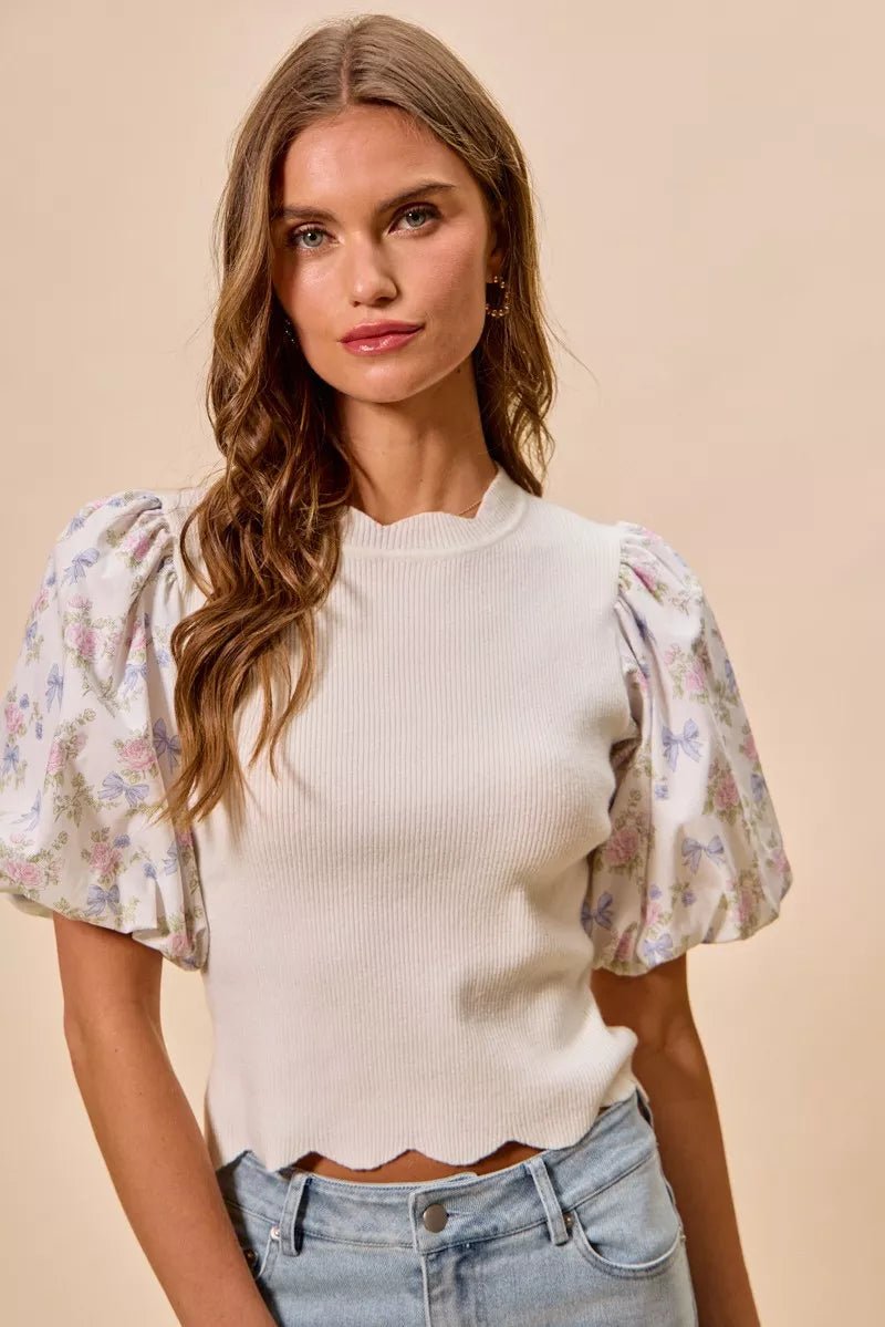 SO ME Floral Cotton Contrast Sleeves Scallop Sweater Top - Dressed.