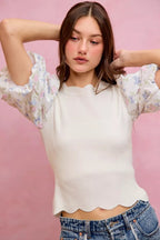 SO ME Floral Cotton Contrast Sleeves Scallop Sweater Top - Dressed.