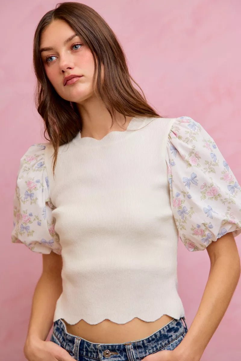 SO ME Floral Cotton Contrast Sleeves Scallop Sweater Top - Dressed.