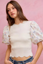 SO ME Floral Cotton Contrast Sleeves Scallop Sweater Top - Dressed.