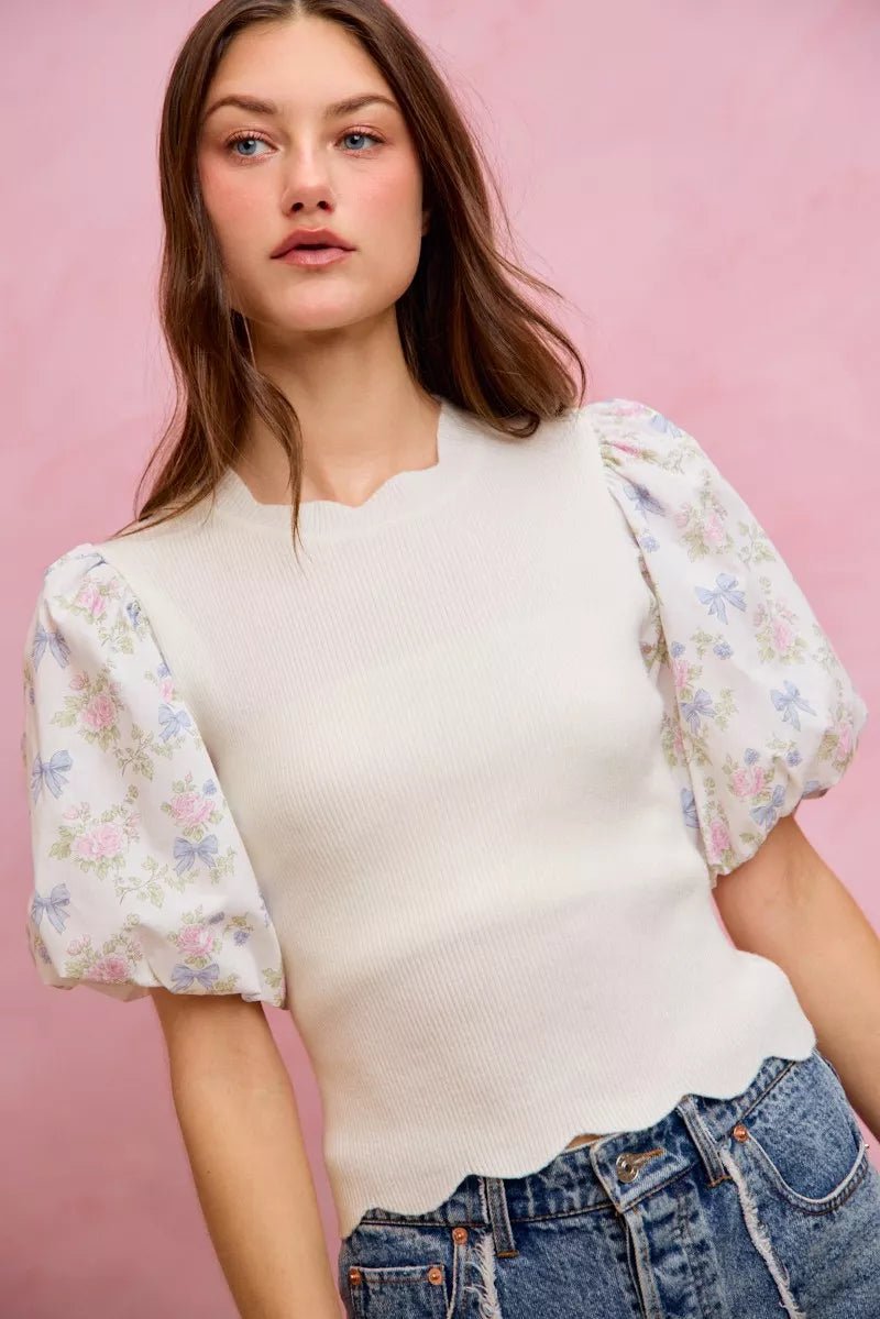SO ME Floral Cotton Contrast Sleeves Scallop Sweater Top - Dressed.