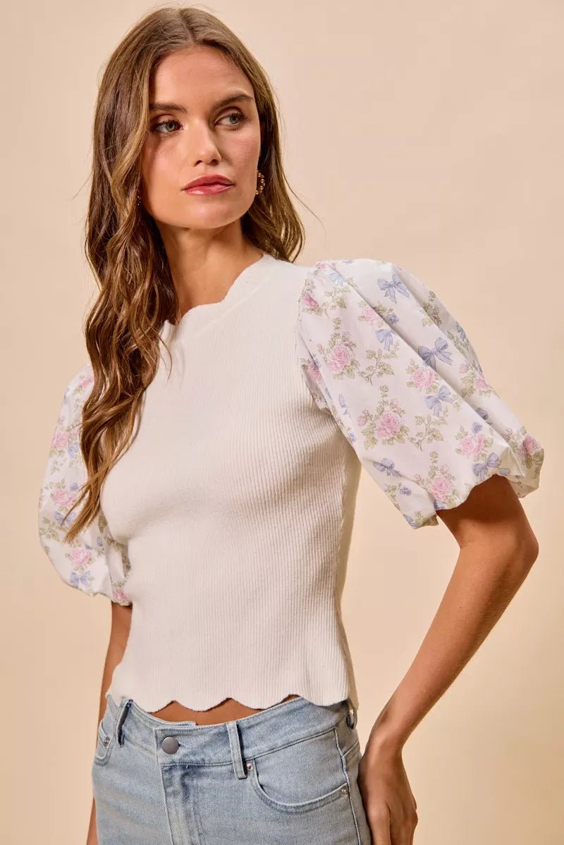 SO ME Floral Cotton Contrast Sleeves Scallop Sweater Top - Dressed.
