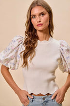 SO ME Floral Cotton Contrast Sleeves Scallop Sweater Top - Dressed.