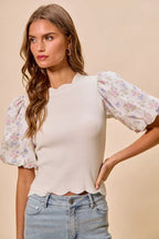 SO ME Floral Cotton Contrast Sleeves Scallop Sweater Top - Dressed.