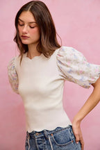 SO ME Floral Cotton Contrast Sleeves Scallop Sweater Top - Dressed.