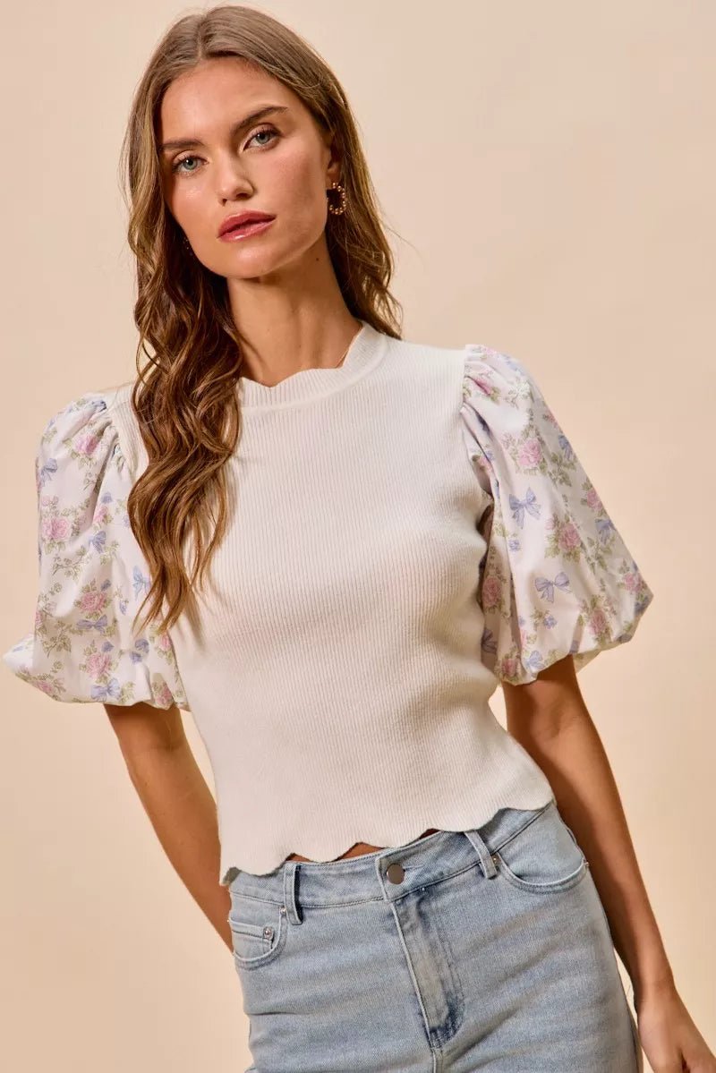 SO ME Floral Cotton Contrast Sleeves Scallop Sweater Top - Dressed.