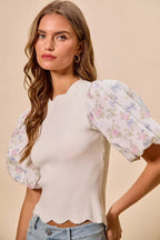 SO ME Floral Cotton Contrast Sleeves Scallop Sweater Top - Dressed.