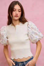 SO ME Floral Cotton Contrast Sleeves Scallop Sweater Top - Dressed.