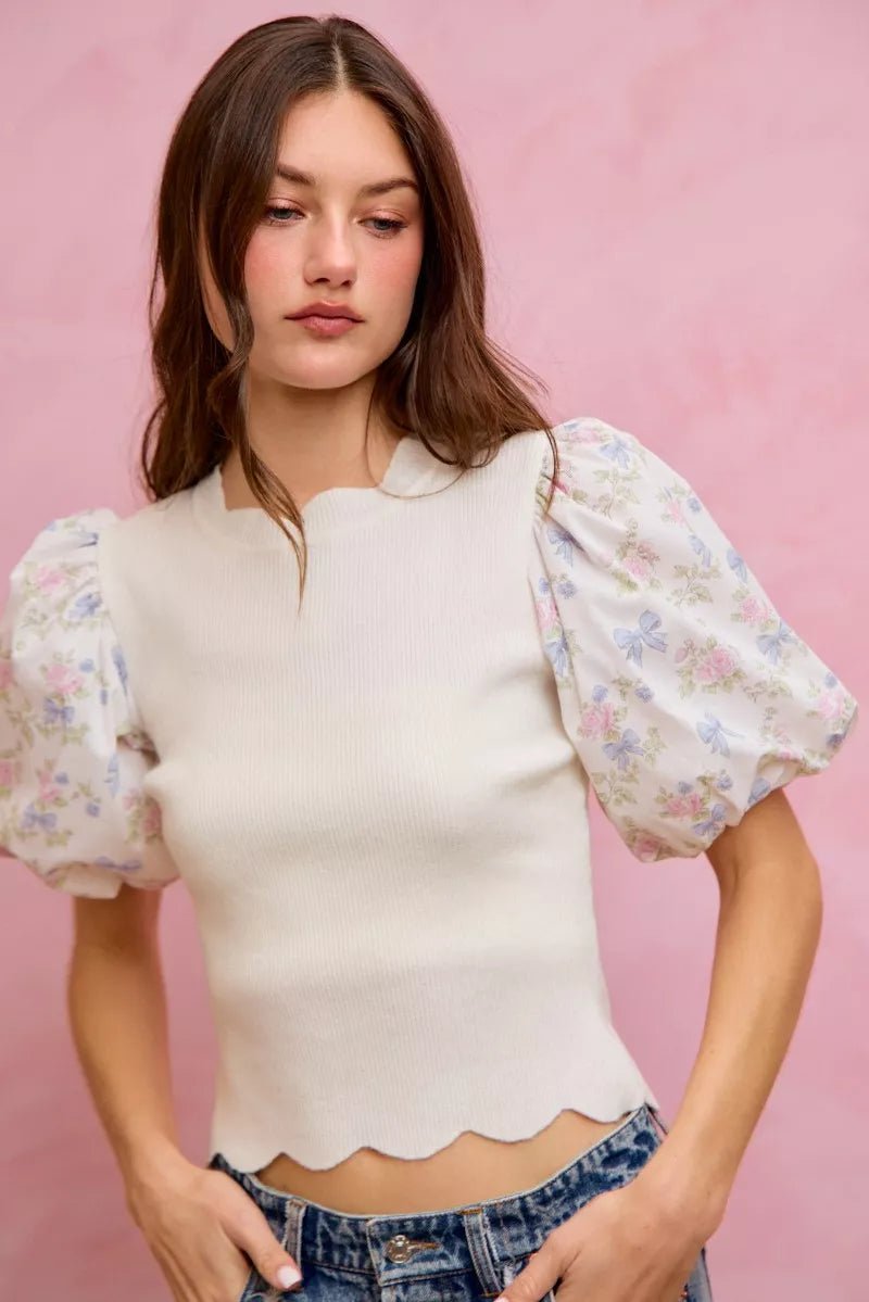 SO ME Floral Cotton Contrast Sleeves Scallop Sweater Top - Dressed.