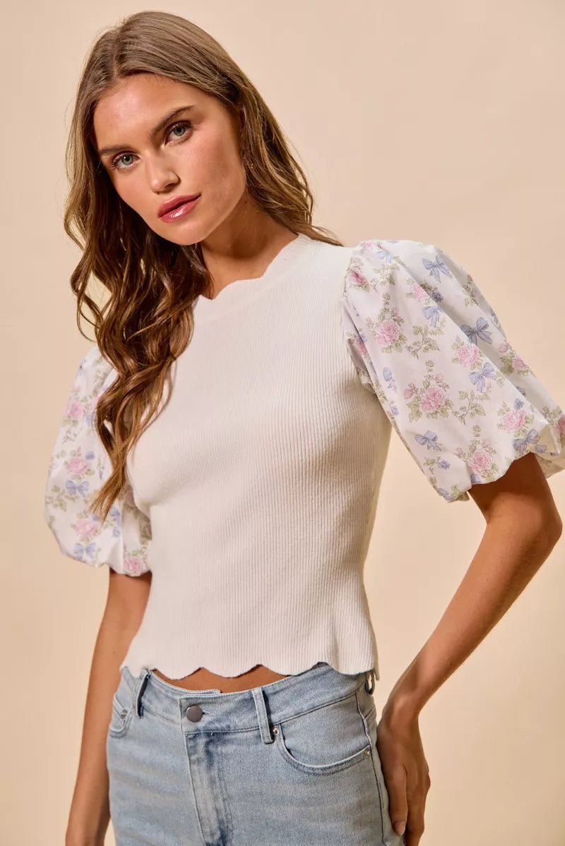 SO ME Floral Cotton Contrast Sleeves Scallop Sweater Top - Dressed.