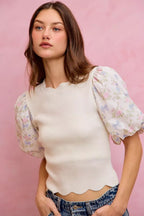 SO ME Floral Cotton Contrast Sleeves Scallop Sweater Top - Dressed.