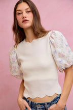 SO ME Floral Cotton Contrast Sleeves Scallop Sweater Top - Dressed.