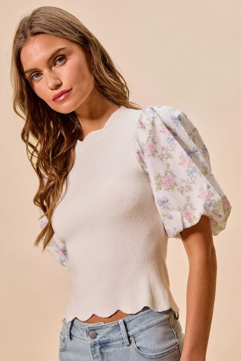 SO ME Floral Cotton Contrast Sleeves Scallop Sweater Top - Dressed.