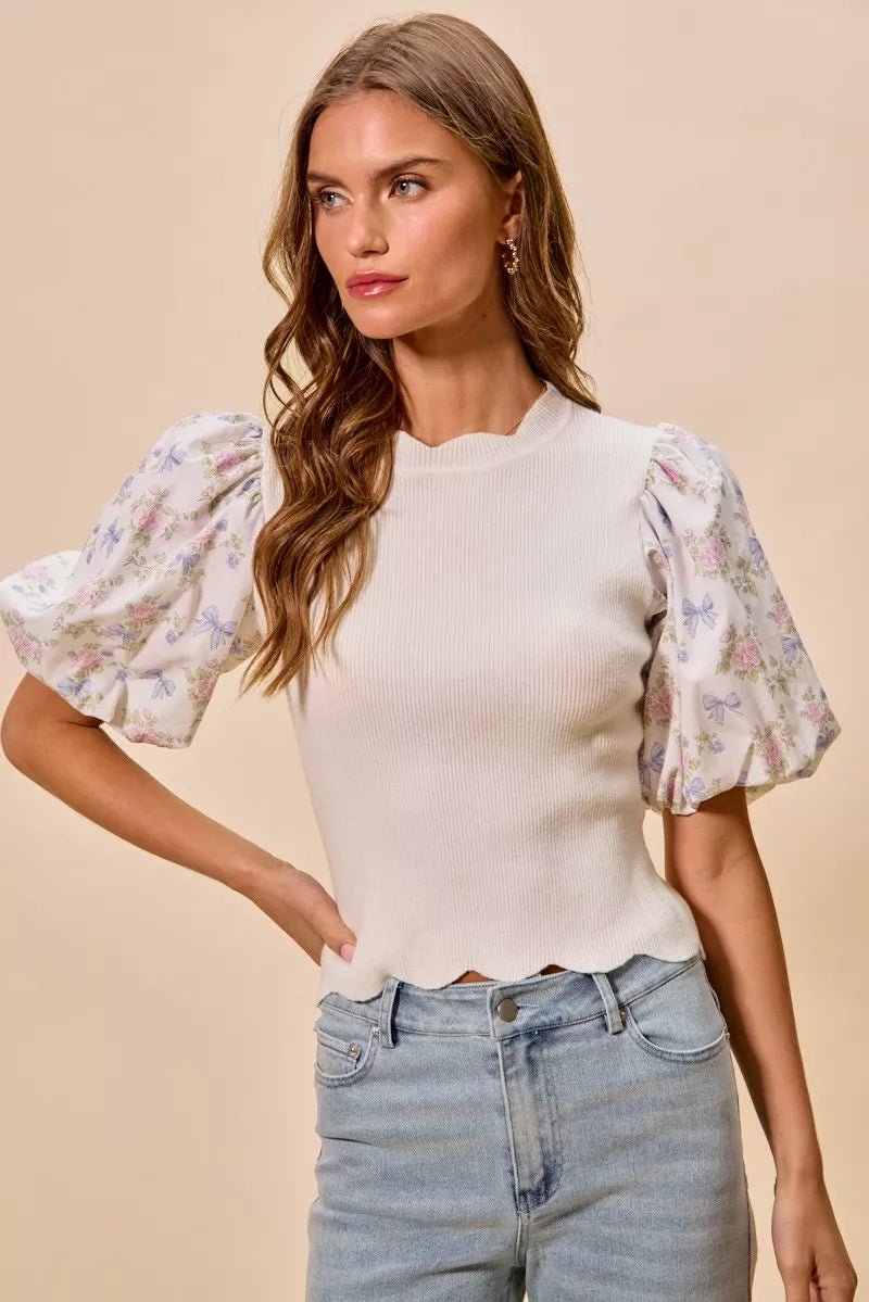 SO ME Floral Cotton Contrast Sleeves Scallop Sweater Top - Dressed.