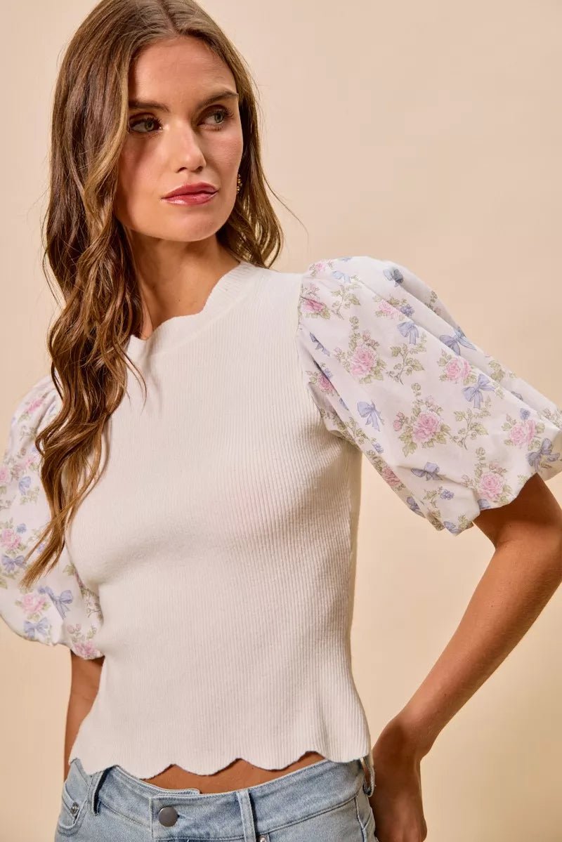SO ME Floral Cotton Contrast Sleeves Scallop Sweater Top - Dressed.