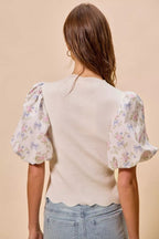 SO ME Floral Cotton Contrast Sleeves Scallop Sweater Top - Dressed.