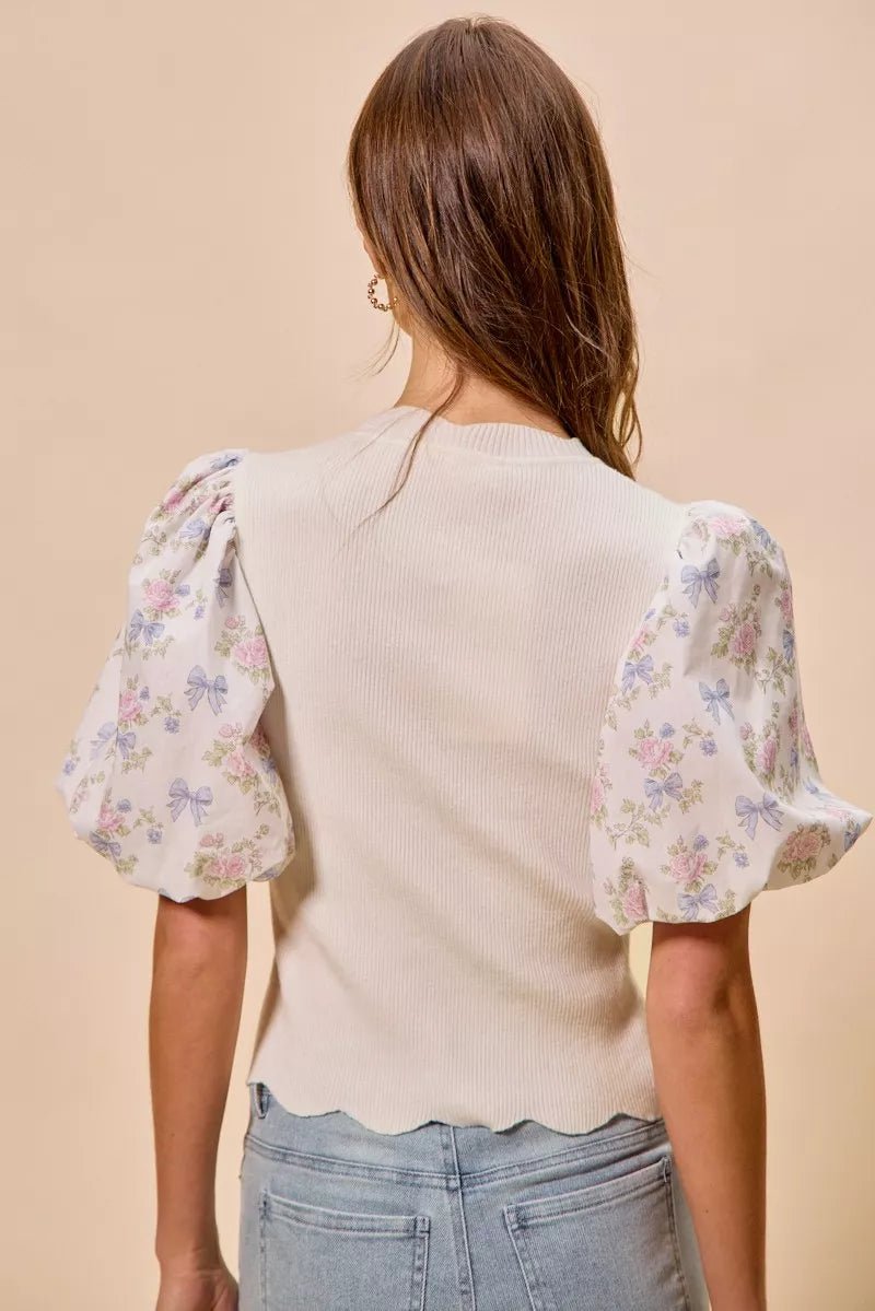 SO ME Floral Cotton Contrast Sleeves Scallop Sweater Top - Dressed.