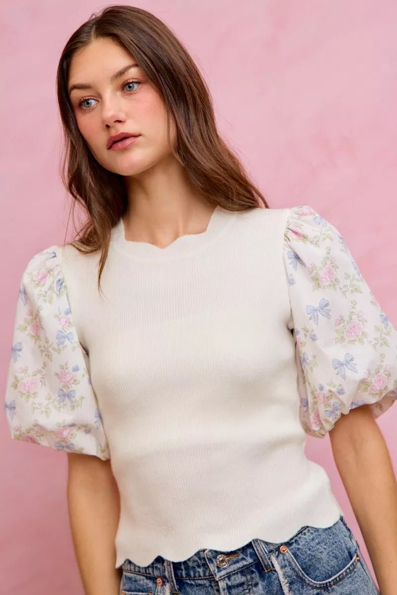 SO ME Floral Cotton Contrast Sleeves Scallop Sweater Top - Dressed.
