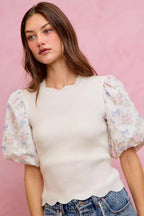 SO ME Floral Cotton Contrast Sleeves Scallop Sweater Top - Dressed.