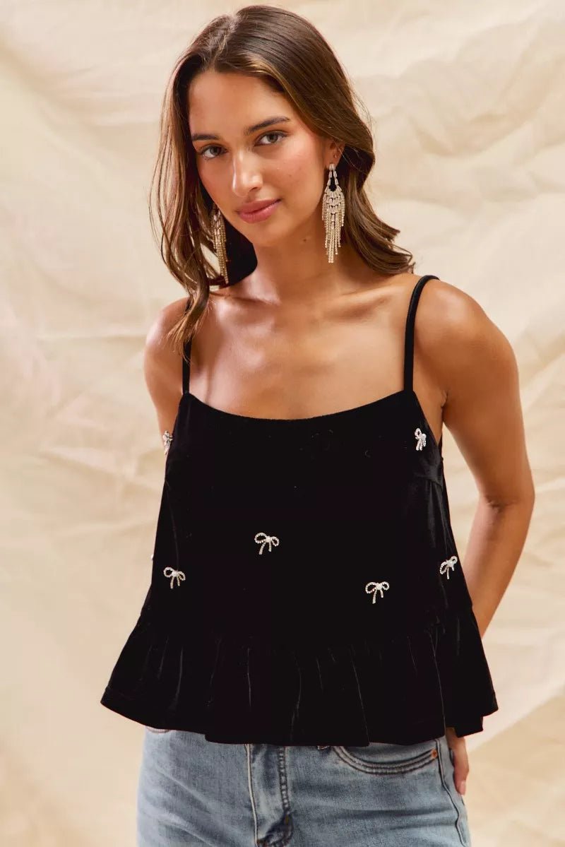 SO ME Holiday Velvet Ribbon Rhinestone Christmas Top - Dressed.