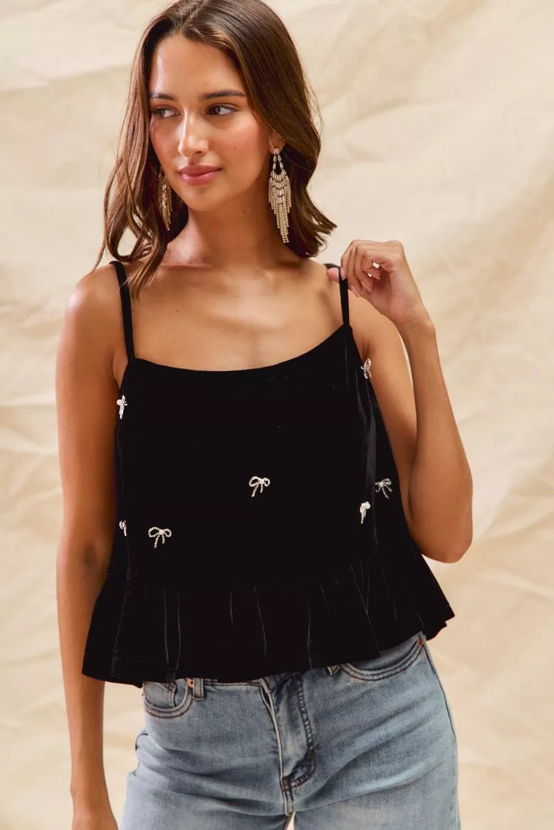 SO ME Holiday Velvet Ribbon Rhinestone Christmas Top - Dressed.