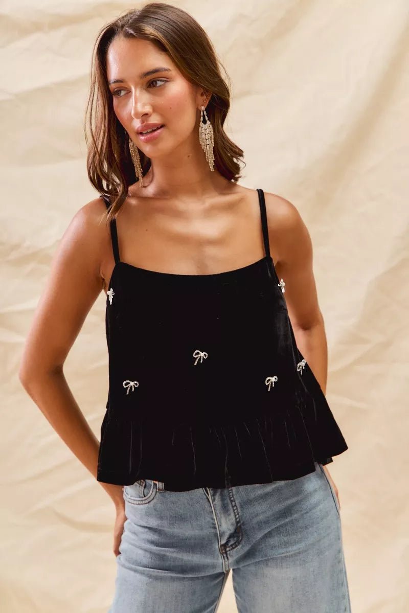 SO ME Holiday Velvet Ribbon Rhinestone Christmas Top - Dressed.