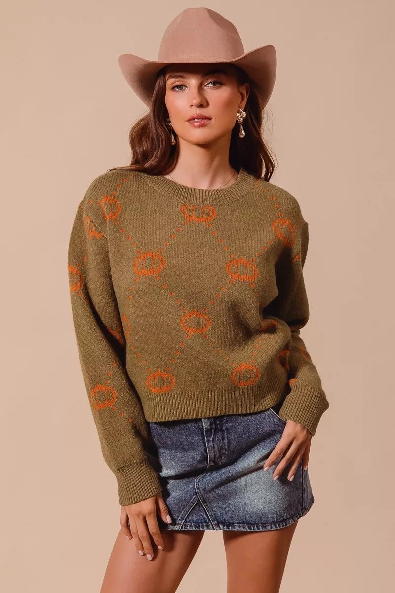 SO ME Pumpkin Rhombus Halloween Thanksgiving Sweater - Dressed.
