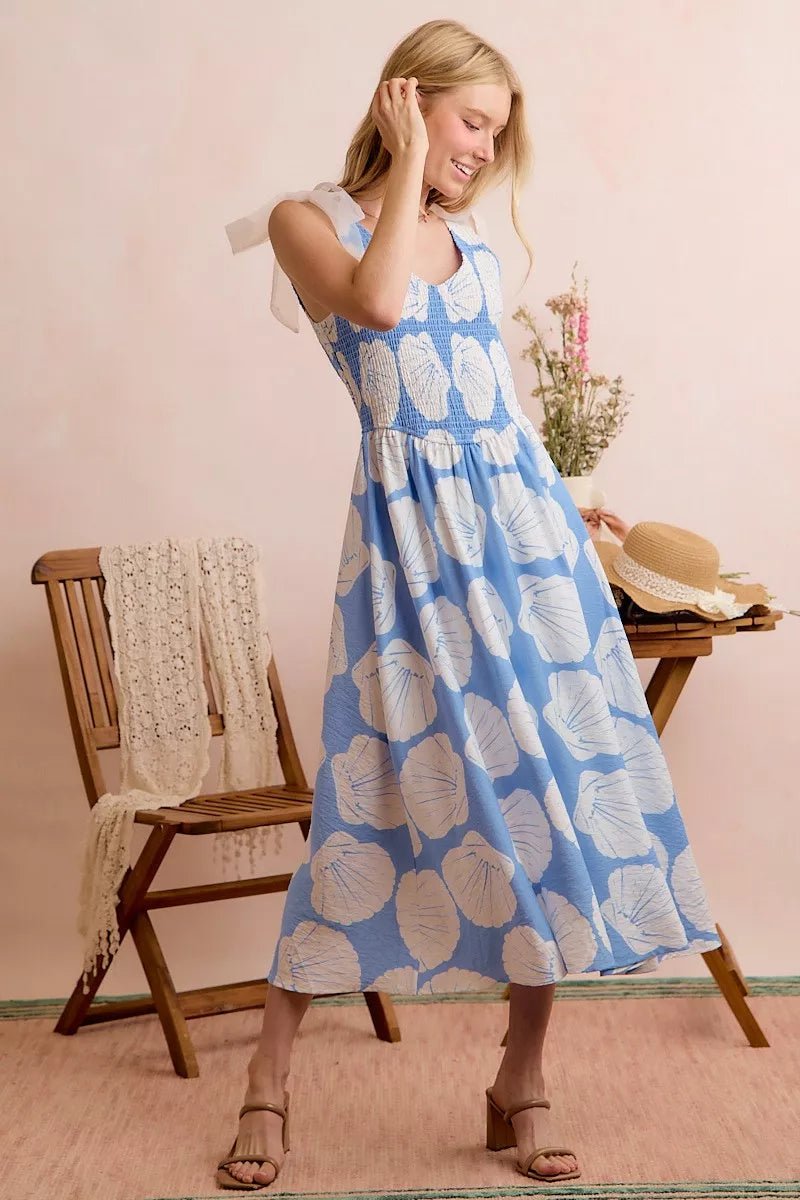 SO ME Shell Smocked Bodice Shoulder Tie Lined Midi Dress - Dressed.