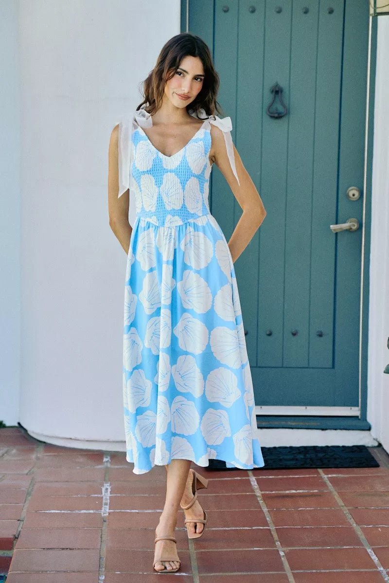 SO ME Shell Smocked Bodice Shoulder Tie Lined Midi Dress - Dressed.