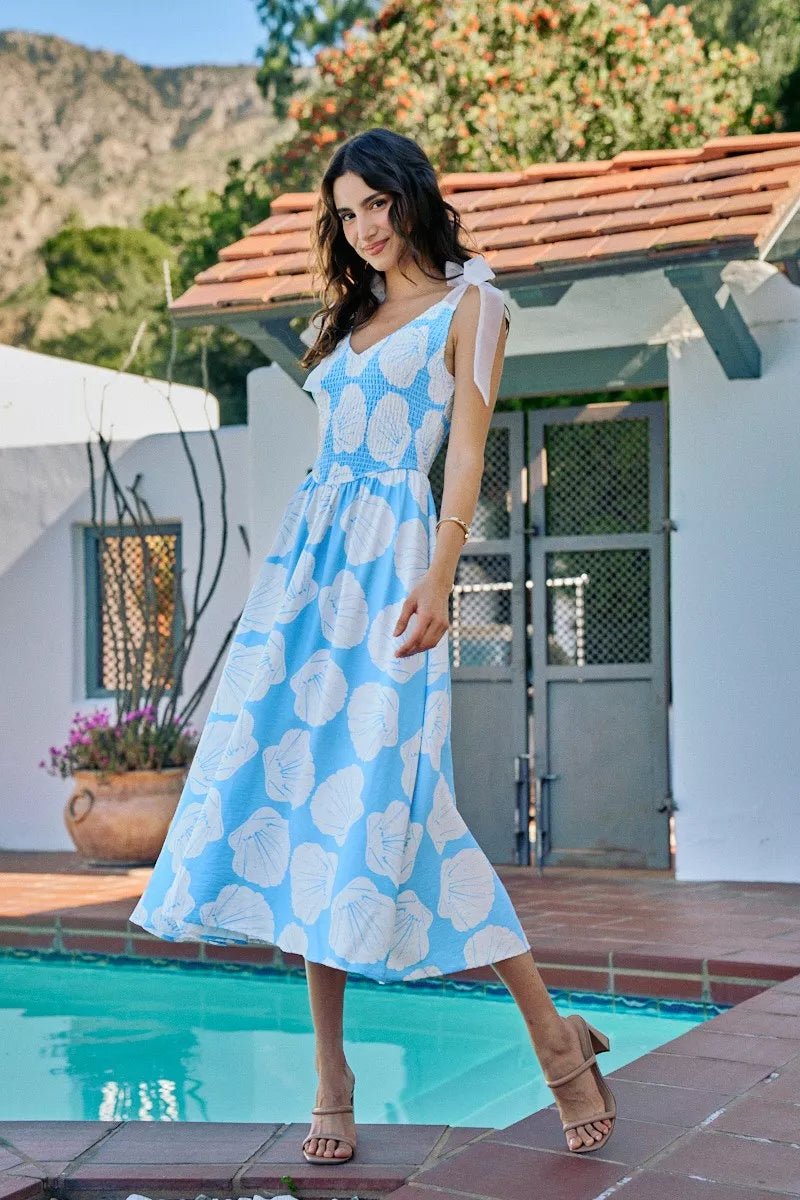 SO ME Shell Smocked Bodice Shoulder Tie Lined Midi Dress - Dressed.