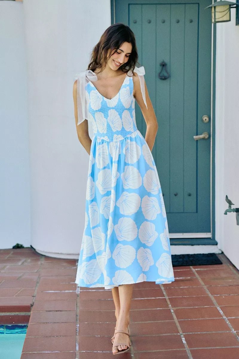 SO ME Shell Smocked Bodice Shoulder Tie Lined Midi Dress - Dressed.