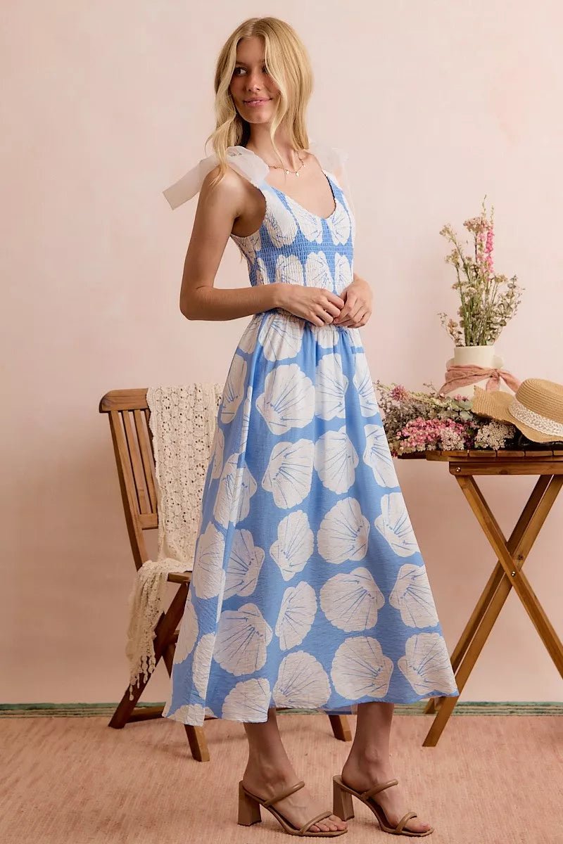SO ME Shell Smocked Bodice Shoulder Tie Lined Midi Dress - Dressed.