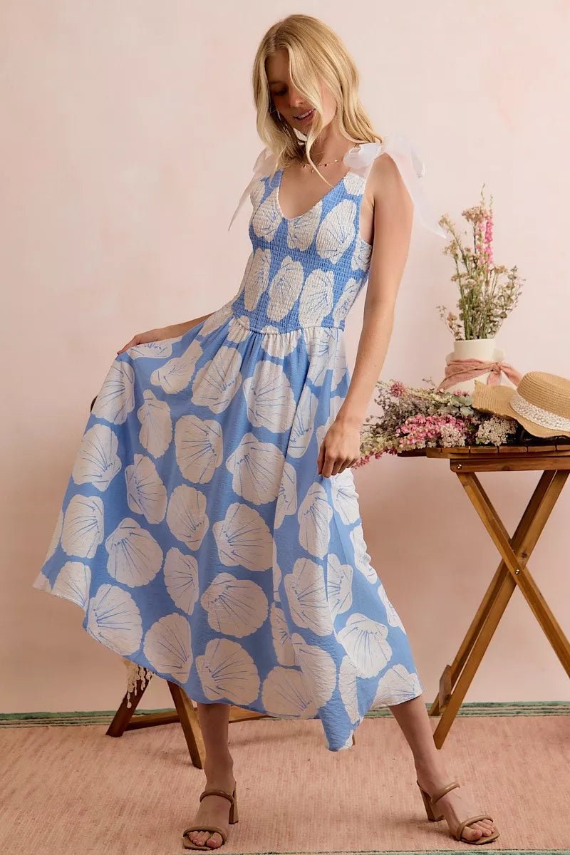 SO ME Shell Smocked Bodice Shoulder Tie Lined Midi Dress - Dressed.