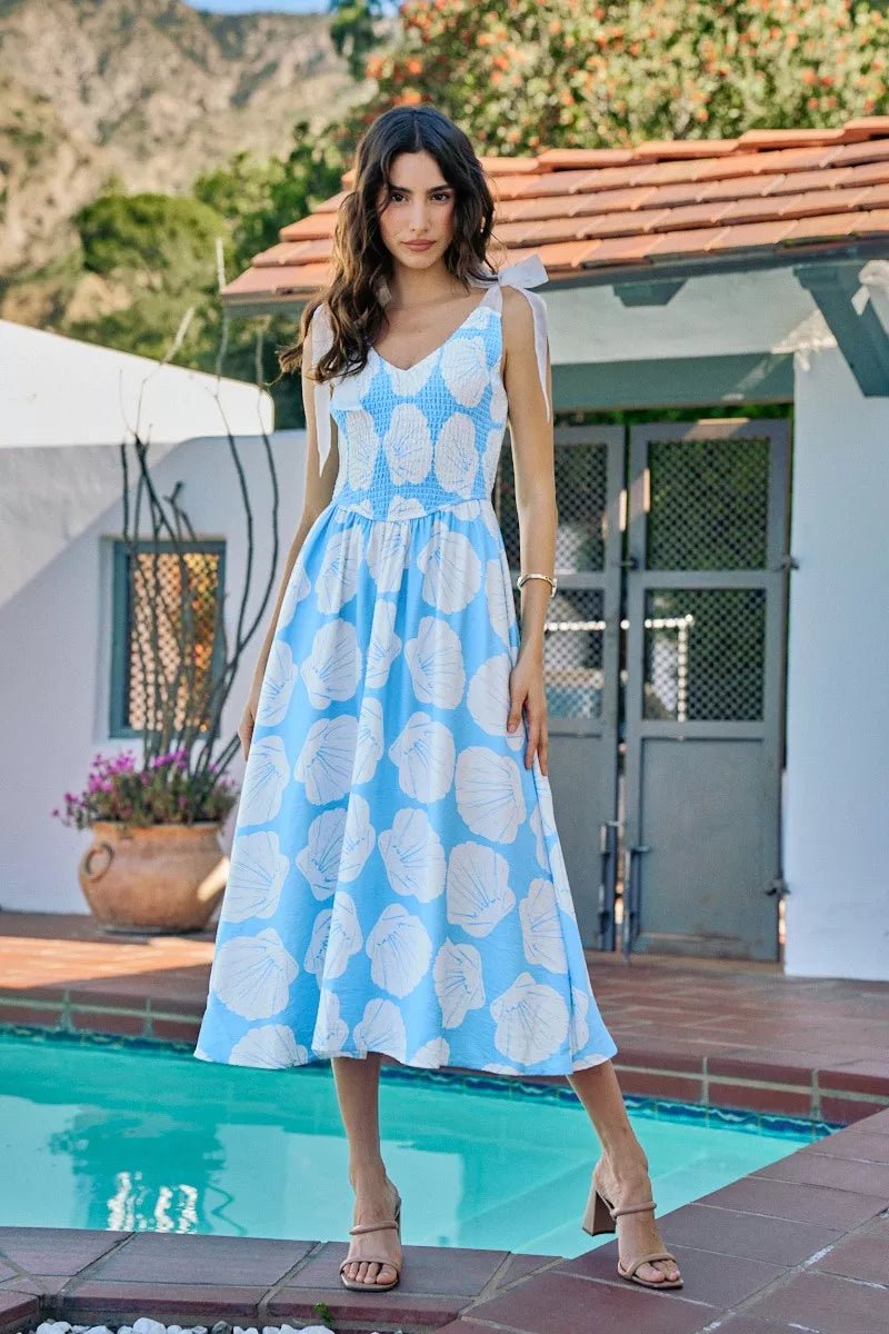SO ME Shell Smocked Bodice Shoulder Tie Lined Midi Dress - Dressed.