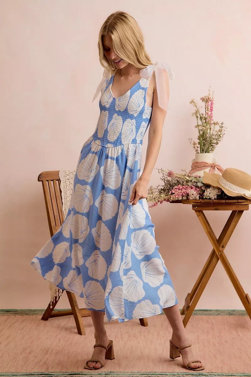 SO ME Shell Smocked Bodice Shoulder Tie Lined Midi Dress - Dressed.