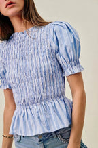 SO ME Stripe Smocked Bodice Puff Sleeves Blouse Top - Dressed.