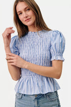 SO ME Stripe Smocked Bodice Puff Sleeves Blouse Top - Dressed.