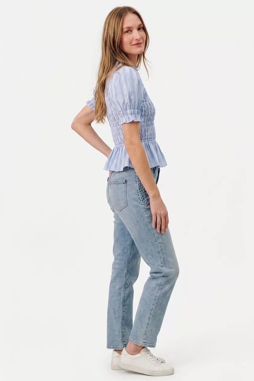 SO ME Stripe Smocked Bodice Puff Sleeves Blouse Top - Dressed.