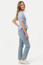 SO ME Stripe Smocked Bodice Puff Sleeves Blouse Top - Dressed.